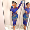 Blue Mesh-Sleeve Cutout Maxi Dress