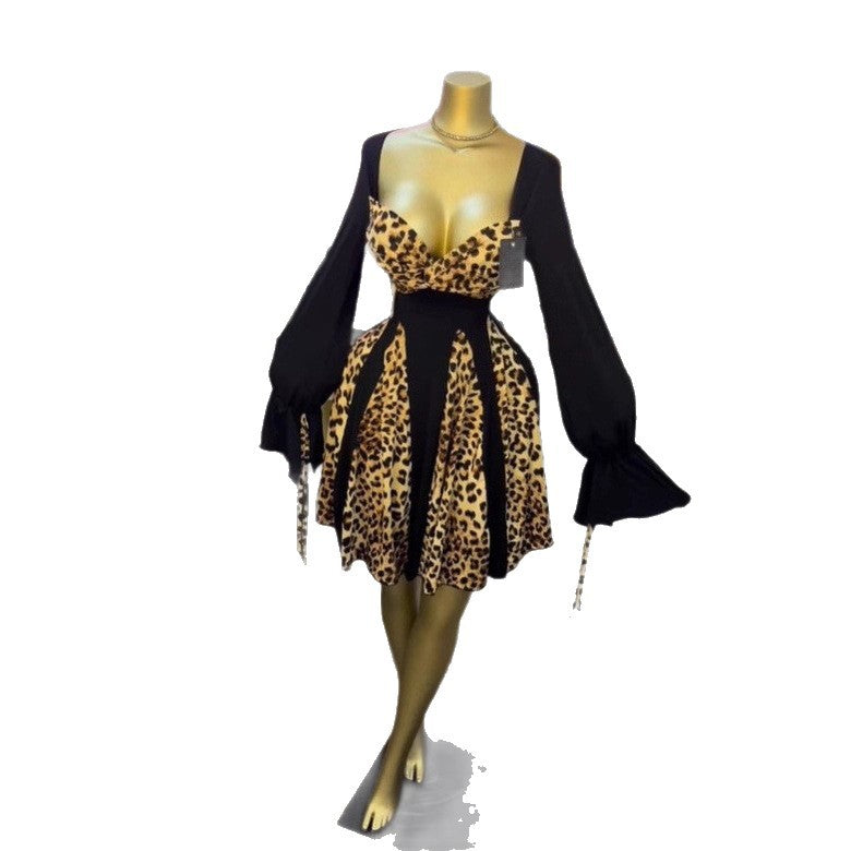 Leopard Print Long Sleeve Strapless Bodycon Dress