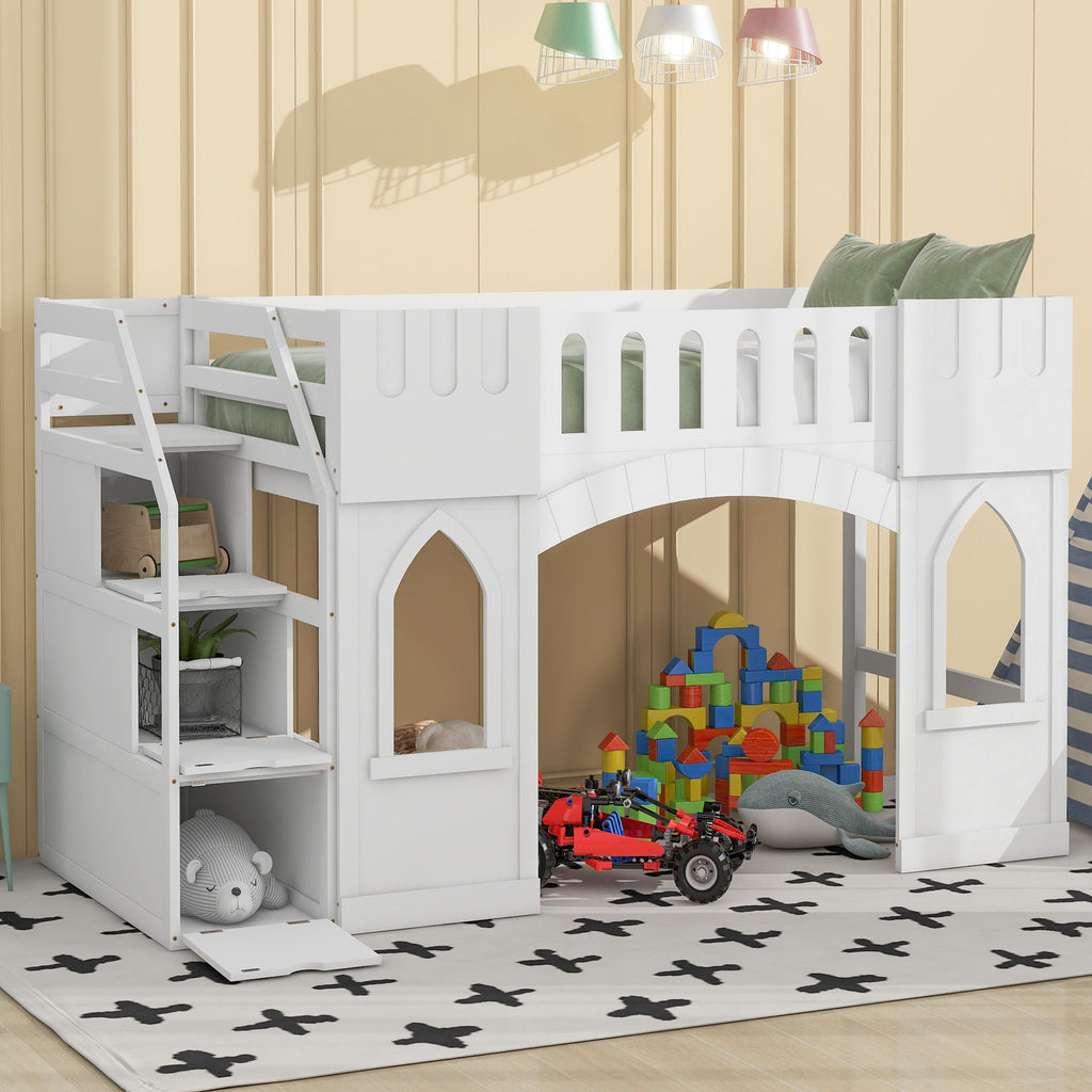 Loft Bed With Storage Staircase and Windows - Twin Size