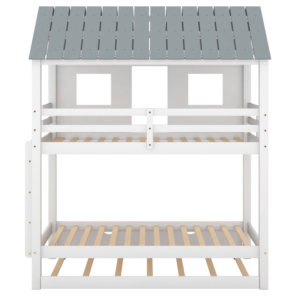Twin Size House Bunk Bed with Trundle and Roof and Windows - White / Gray