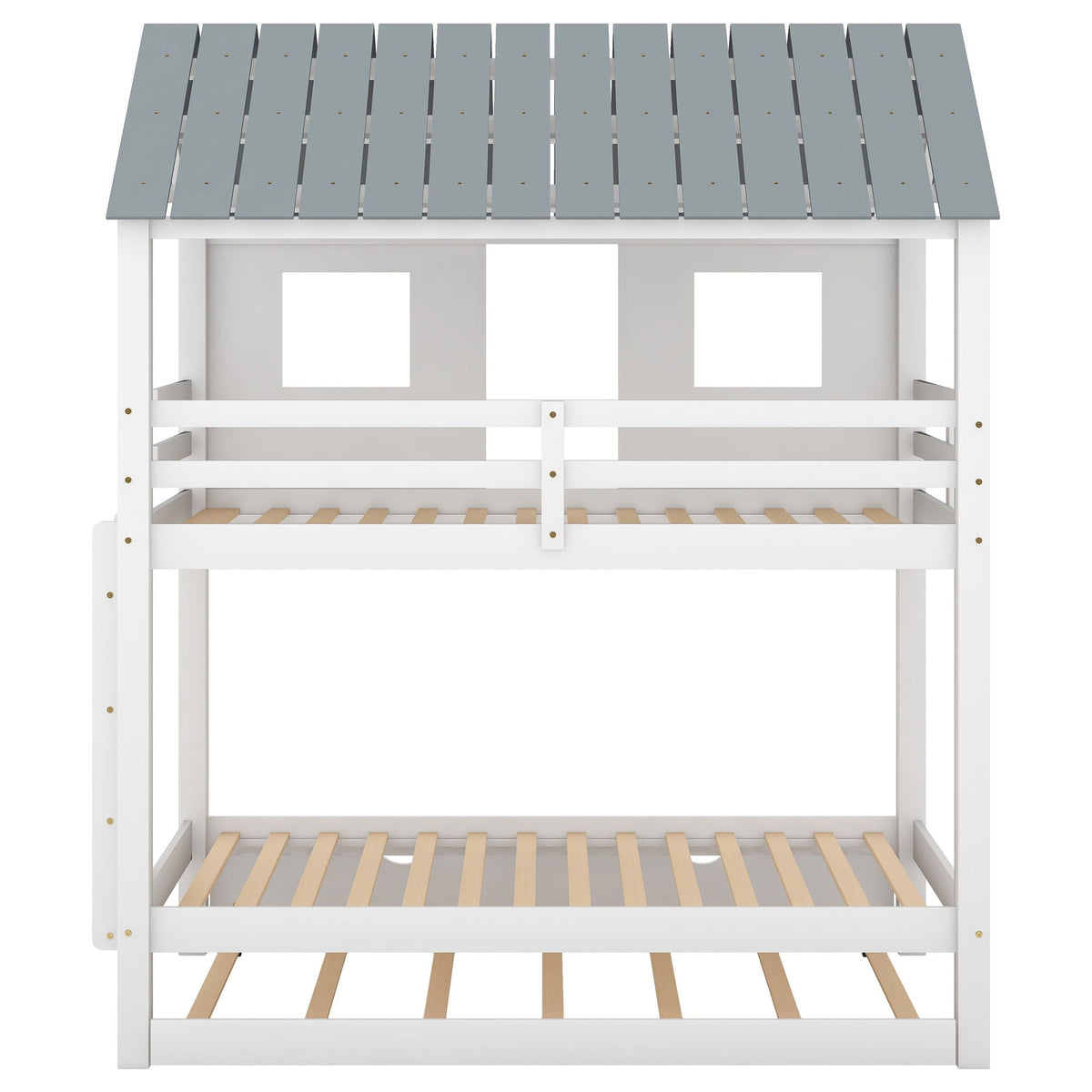 Twin Size House Bunk Bed with Trundle and Roof and Windows - White / Gray