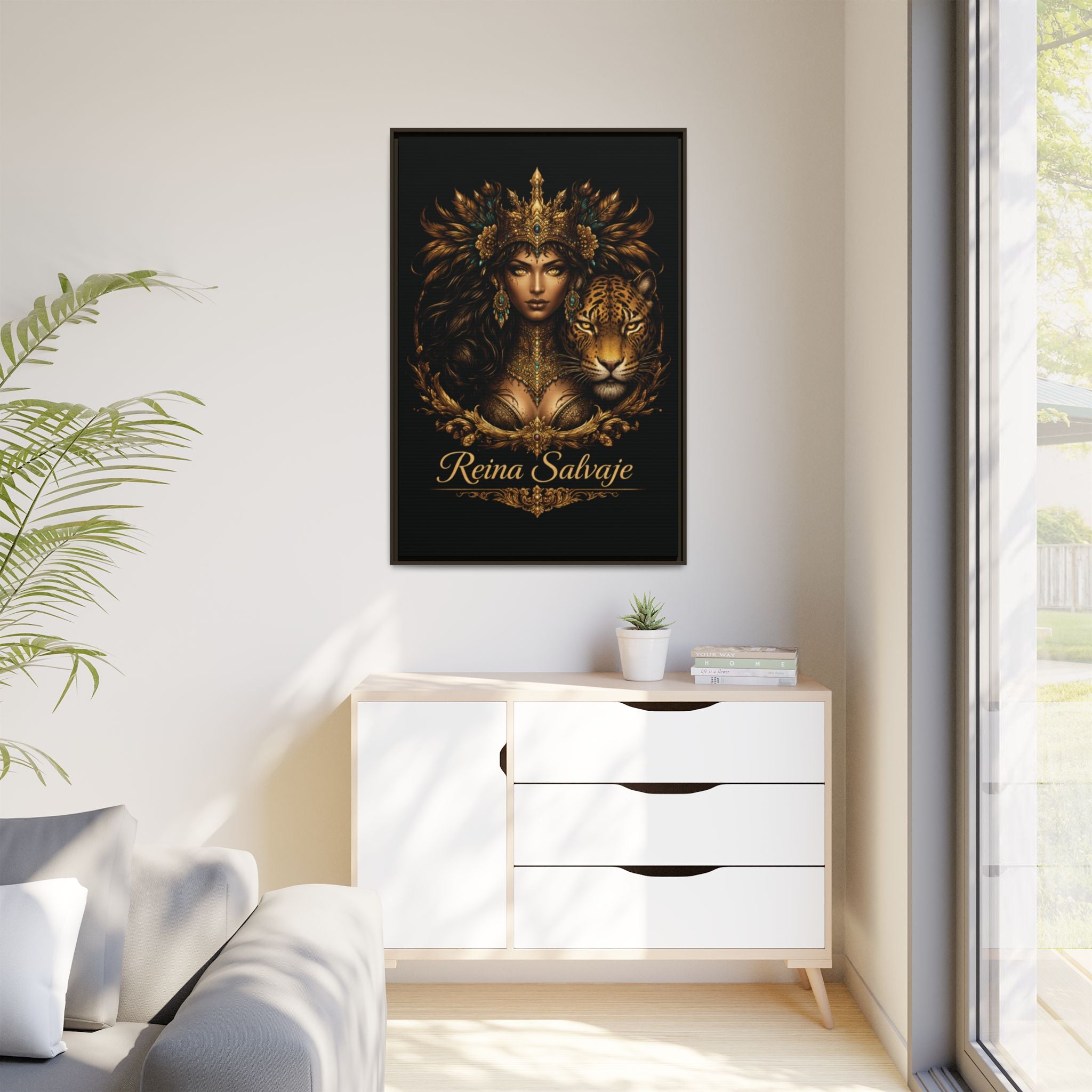 Reina Salvaje Matte Framed Canvas Art — Golden Goddess & Tiger Wall Decor
