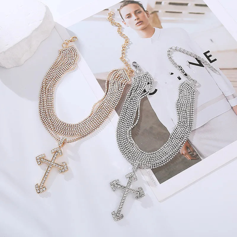 Rhinestone Cross Statement Choker Necklace
