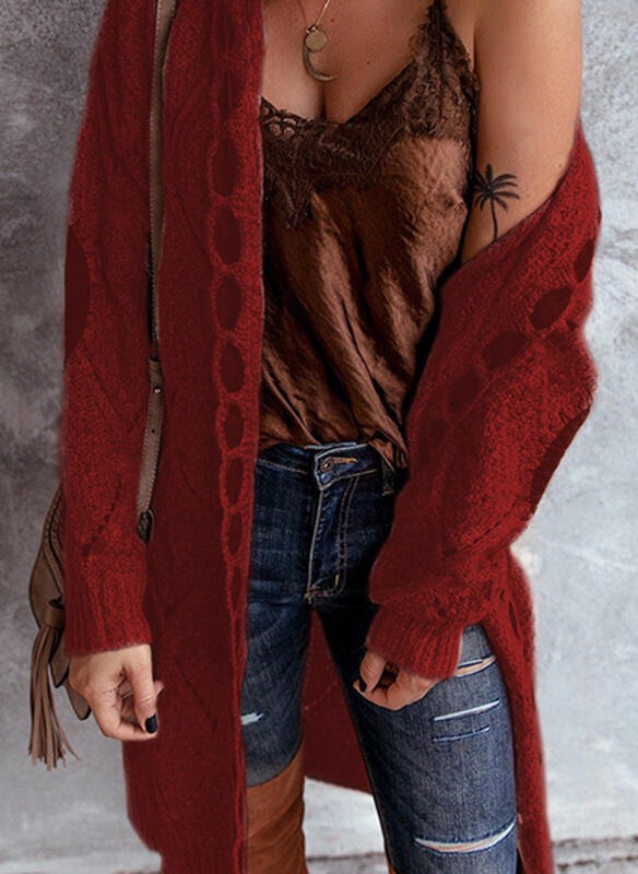 Hooded knitted long cardiagan