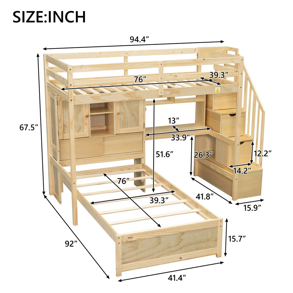 Twin Over Twin Loft Bed with Built-In Desk and Staircase - White or Light Brown