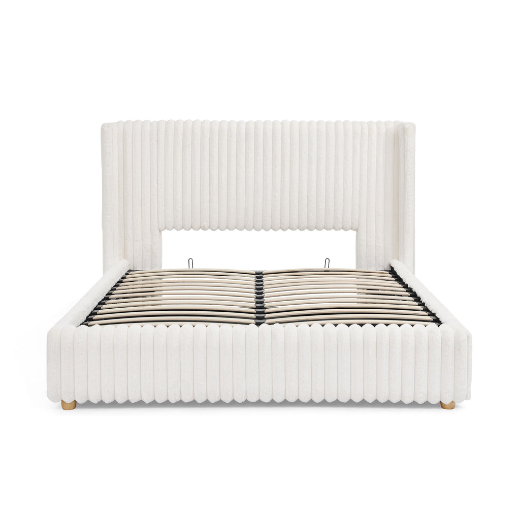 Functional Vertical Striped Bed with Gas Lift Storage - Beige