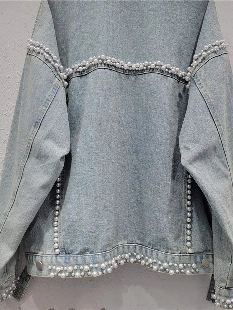 Women's Denim Coat Washed Light Blue Perals Embroidered Flares Single Breasted Jackets  Autumn New Fashion