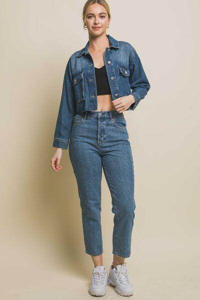 Love Tree Raw Hem Button Up Cropped Denim Jacket for Women