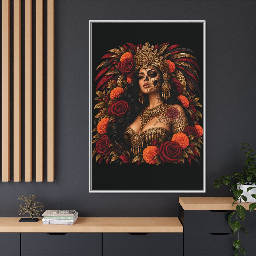 Reina Azteca: Entre Rosas y Cempasúchil | Framed Canvas Art
