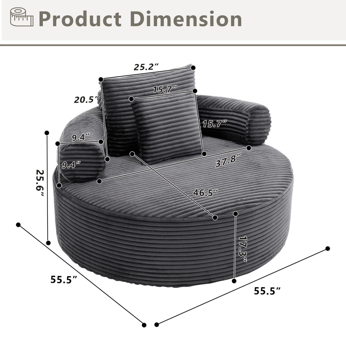 Round Sofa Bed with Memory Foam and 3 Pillows - Multiple Colors
