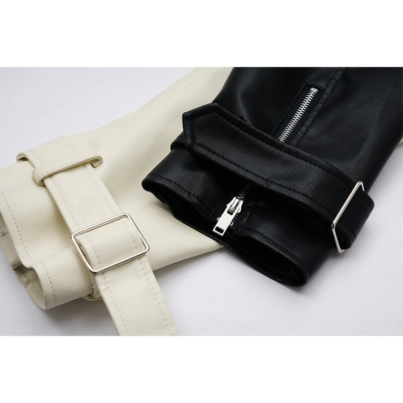 Black And White Stitching Contrast Color Motorcycle Leather Jacket Female Handsome Loose Short PU Leather Jacket Trendy