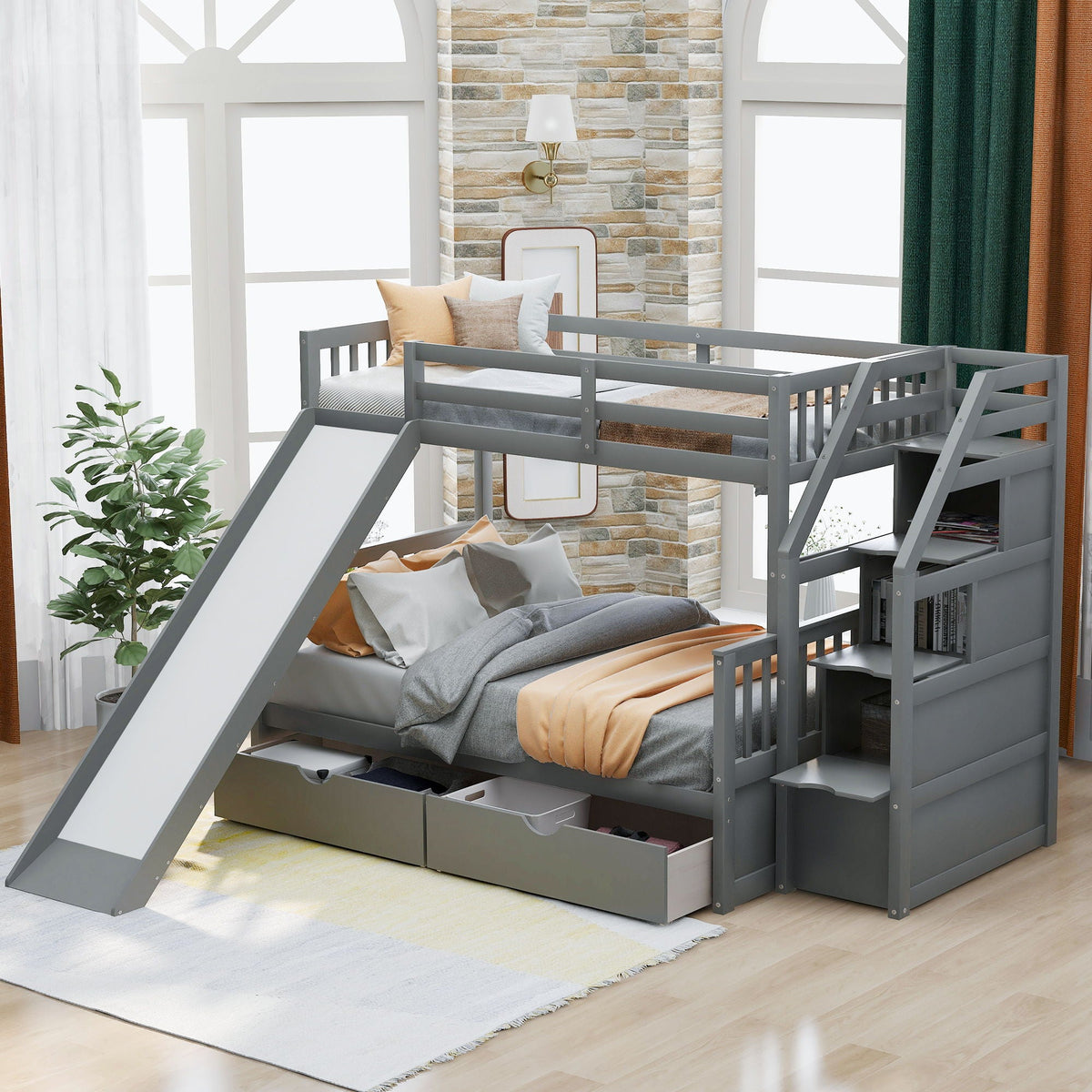 Bunk Bed with Storage Staircase, Slide & Desk - Twin or Full - Dark Gray or White