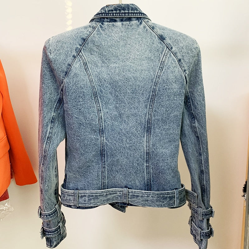 HIGH QUALITY Newest Designer Fashion Designer Jackets Women's Zippers Lion Buttons Biker Denim Motorcycle Jacket