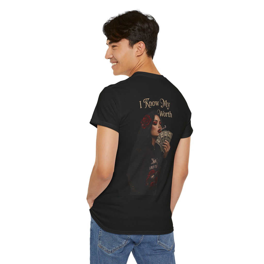 Graphic Tee — 'I Know My Worth' Rose Girl Money Design
