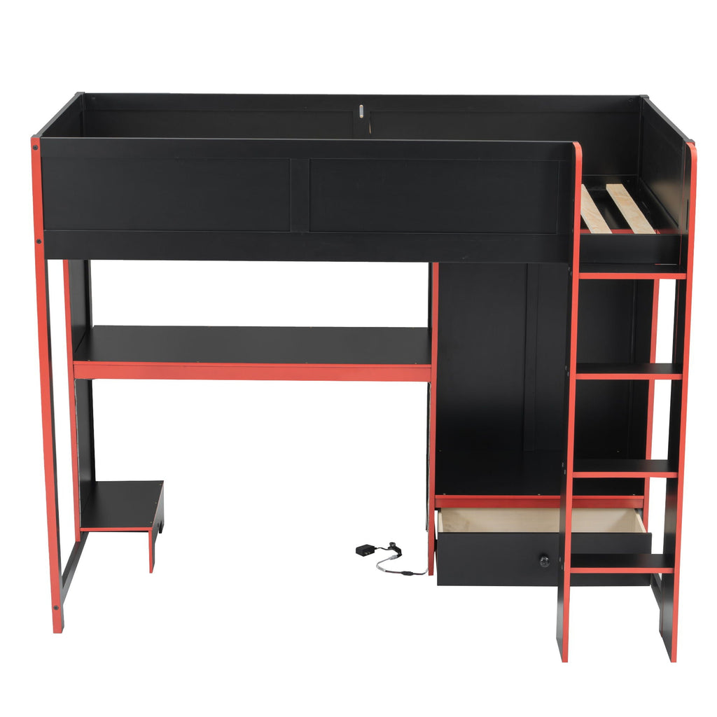 Gaming Loft Bed with Built-In Desk, Wardrobe & LED Lighting - Black