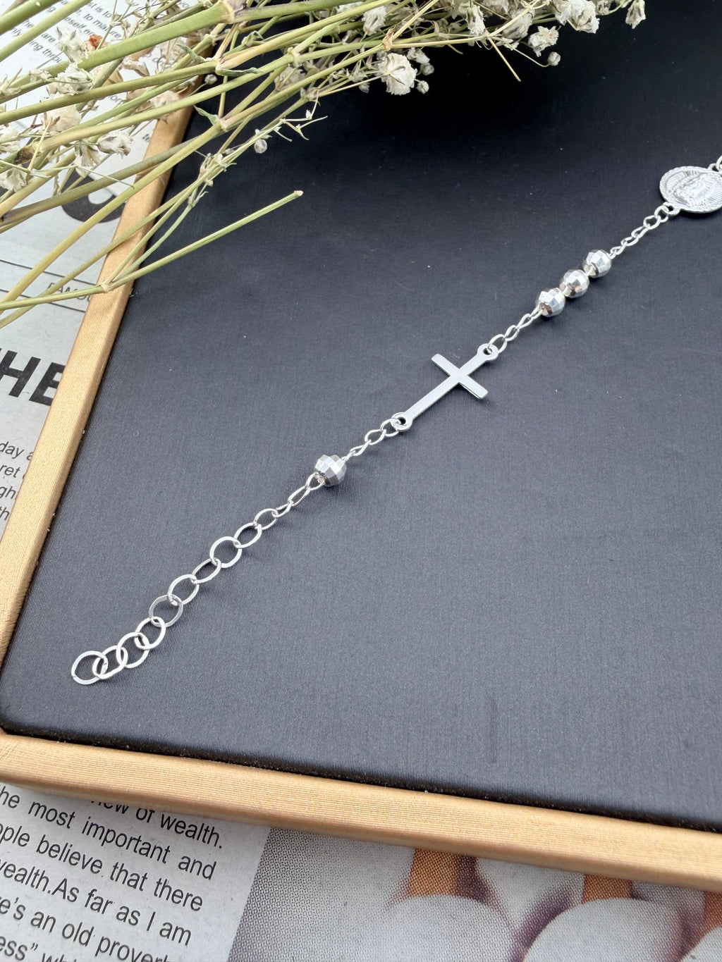 Rosary Bracelet with Cross — Sterling Silver 925