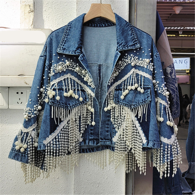 Korean Heavy Pearl Tassel Loose All-Match Personalized Short Denim Jacket Women Jean Jacket Outerwear Spring New Clothes