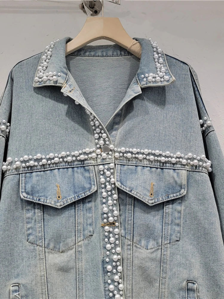 Women's Denim Coat Washed Light Blue Perals Embroidered Flares Single Breasted Jackets  Autumn New Fashion