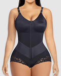 High Waist Lace Trim Shapewear Brief with Thin Straps, Front Zip Diagonal Elastic Waist