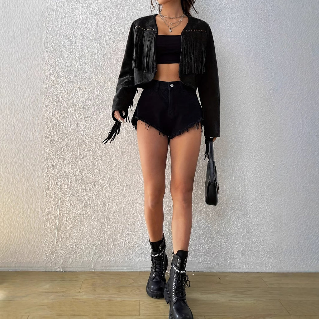 Solid Color Tassel Rivet Design Front Opening Short Jacket for Women
