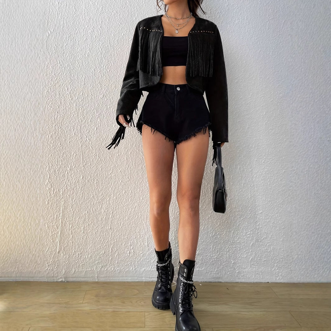 Solid Color Tassel Rivet Design Front Opening Short Jacket for Women