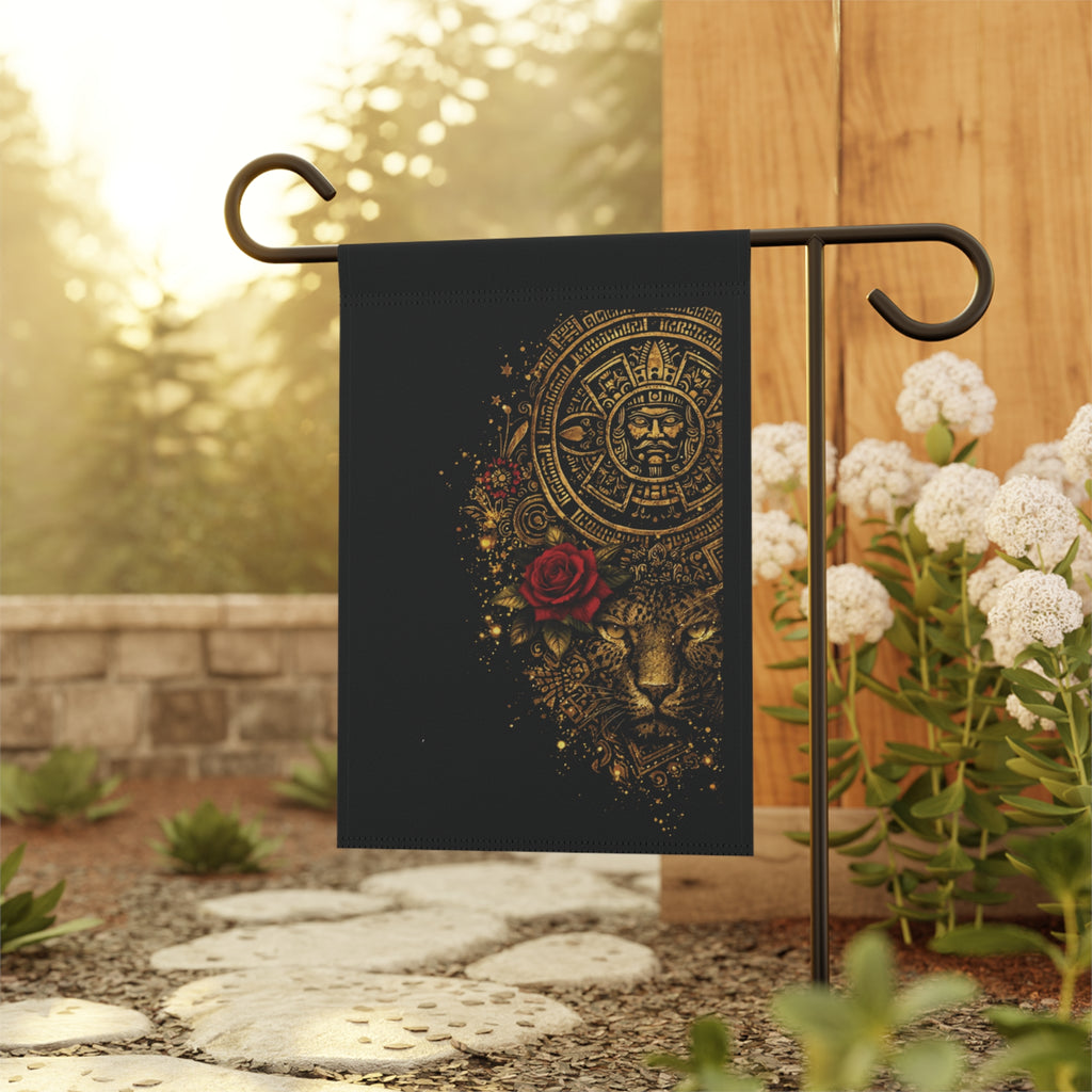 Garden Flag — Golden Aztec Jaguar with Red Rose Decorative House Banner