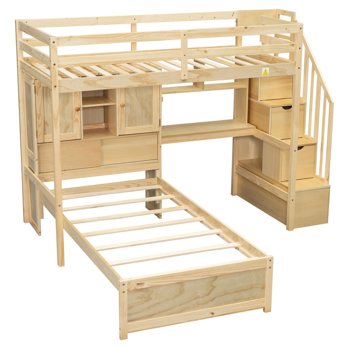Twin Over Twin Loft Bed with Built-In Desk and Staircase - White or Light Brown