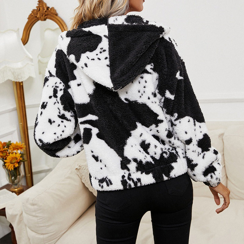 Cow Print Plush Hooded Cardigan Jacket