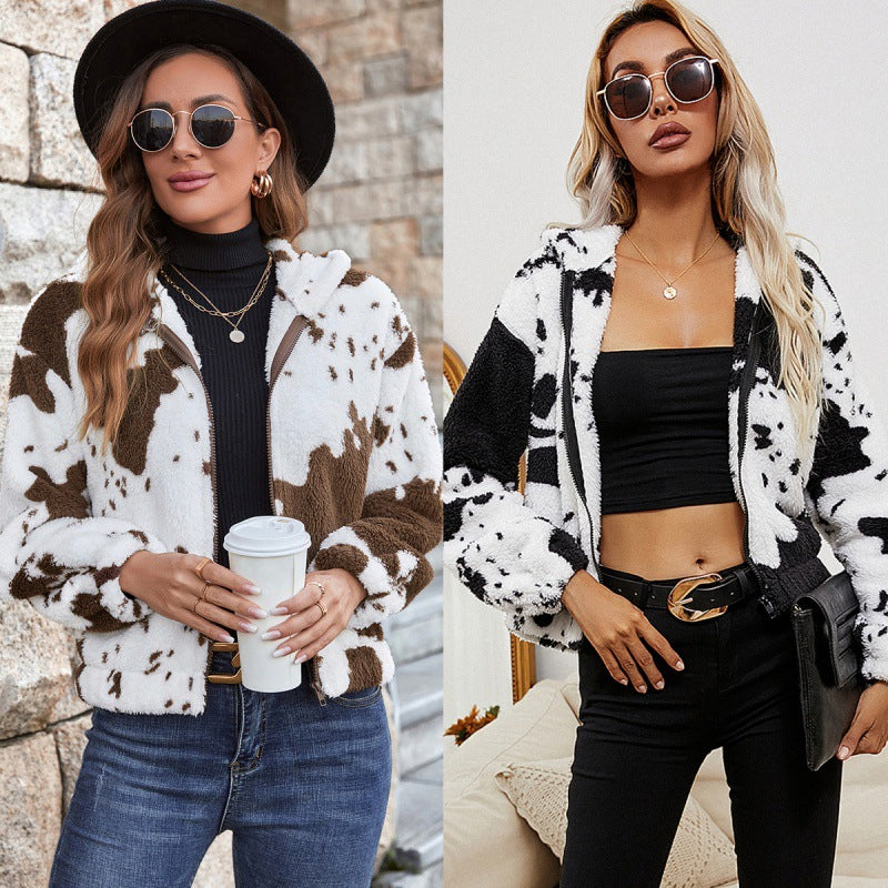 Cow Print Plush Hooded Cardigan Jacket
