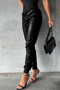 Smocked High-Waist Faux Leather Skinny Pants