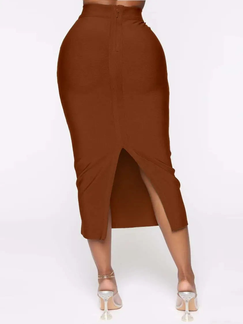 Sexy Open Fork Split Brown Bandage Skirts Long Midi Tight Pencil Bodycon XL Skirts High Waist Quality Office Lady Skirts