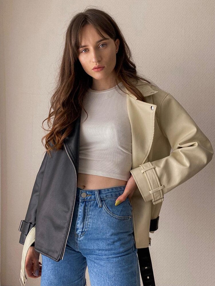 Black And White Stitching Contrast Color Motorcycle Leather Jacket Female Handsome Loose Short PU Leather Jacket Trendy