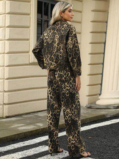 Pocketed Leopard Long Sleeve Denim Jacket for Women