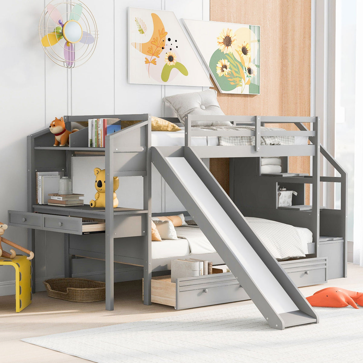 Bunk Bed with Storage Staircase, Slide & Desk - Twin or Full - Dark Gray or White