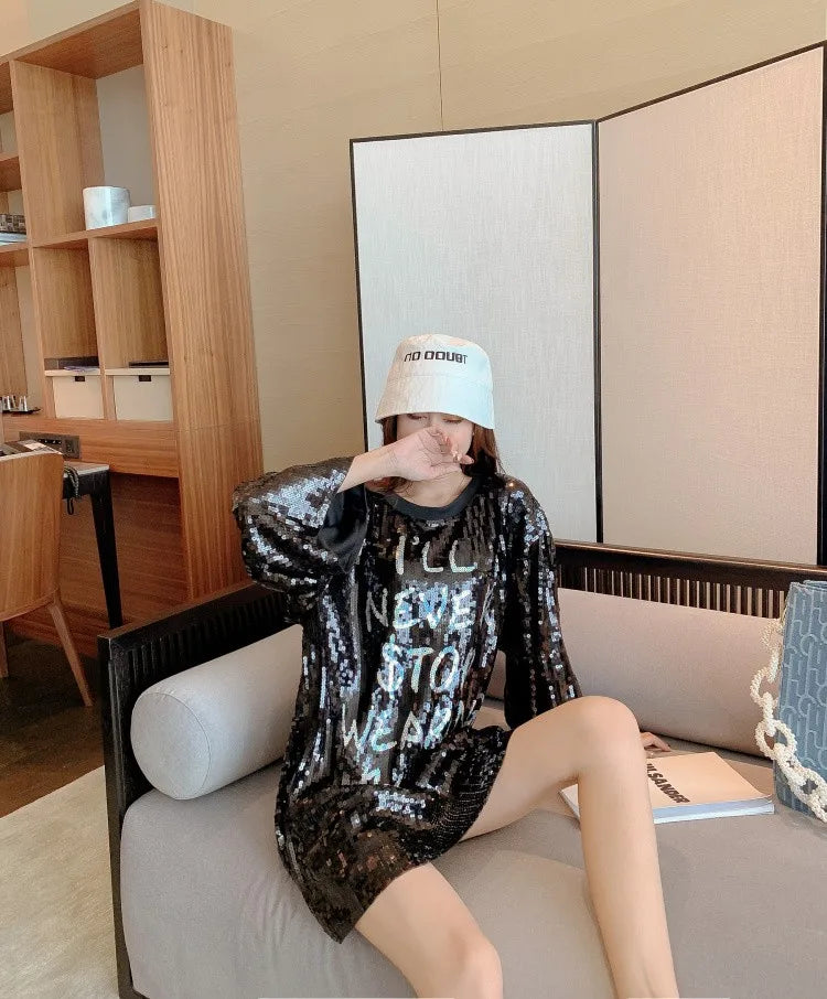 Spring Sequin Short Sleeve Letter Women's Clothing Tops Bling Tops Summer Solid Color Night Club Sexy Female T-Shirts