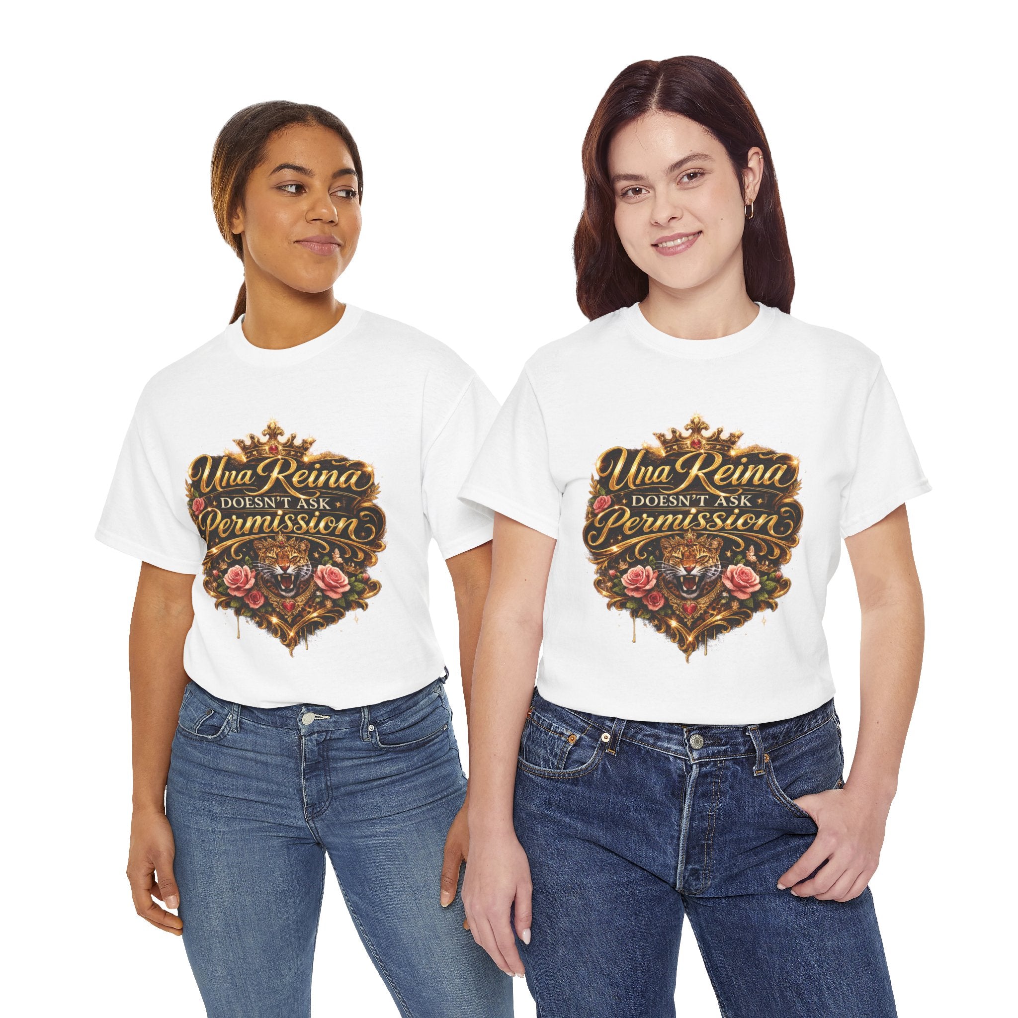 Queen Graphic Tee — "Una Reina Doesn't Ask Permission" Crown & Roses Shirt