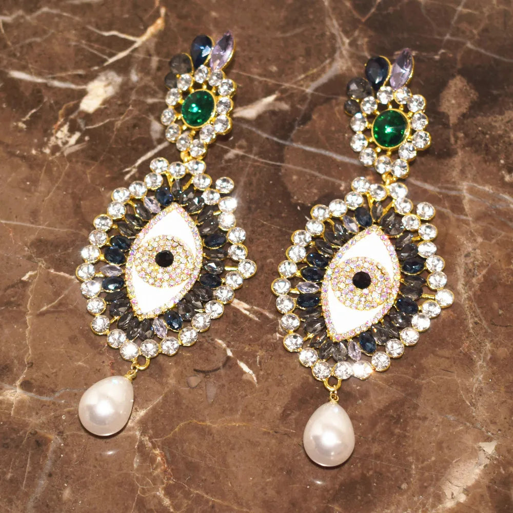 Vintage Ethnic Rhinestone Eyes Pendant Dangle Earrings For Women Fashion Jewelry Baroque Lady Statement Earring Accessories