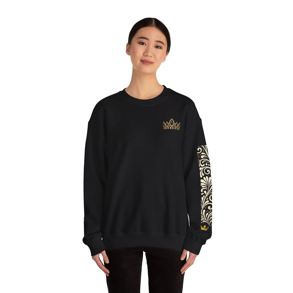 Goddess Era Crown sweatshirt |Black crewneck with gold crown and Talavera sleeve