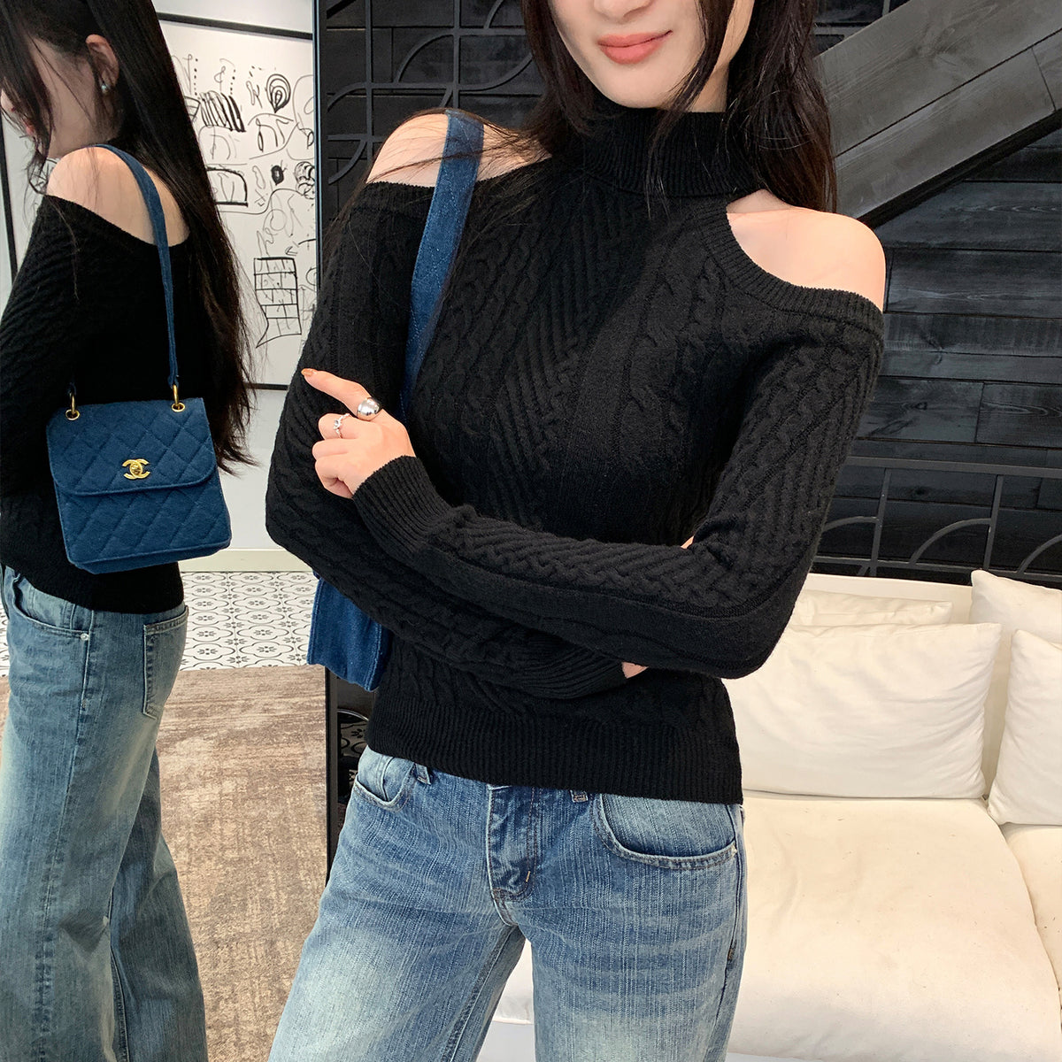 Sculpted Off-Shoulder High-Neck Sweater