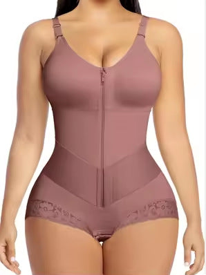 Lace-Trim Full-Body Shapewear with Front Zip