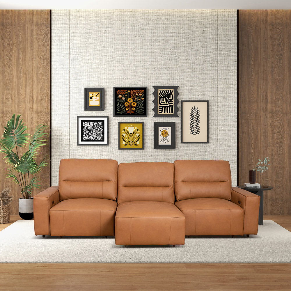 Triple Power Convertible Sofa Reclining Sectional with Queen Bed - Cognac