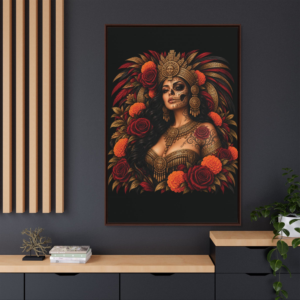 Reina Azteca: Entre Rosas y Cempasúchil | Framed Canvas Art