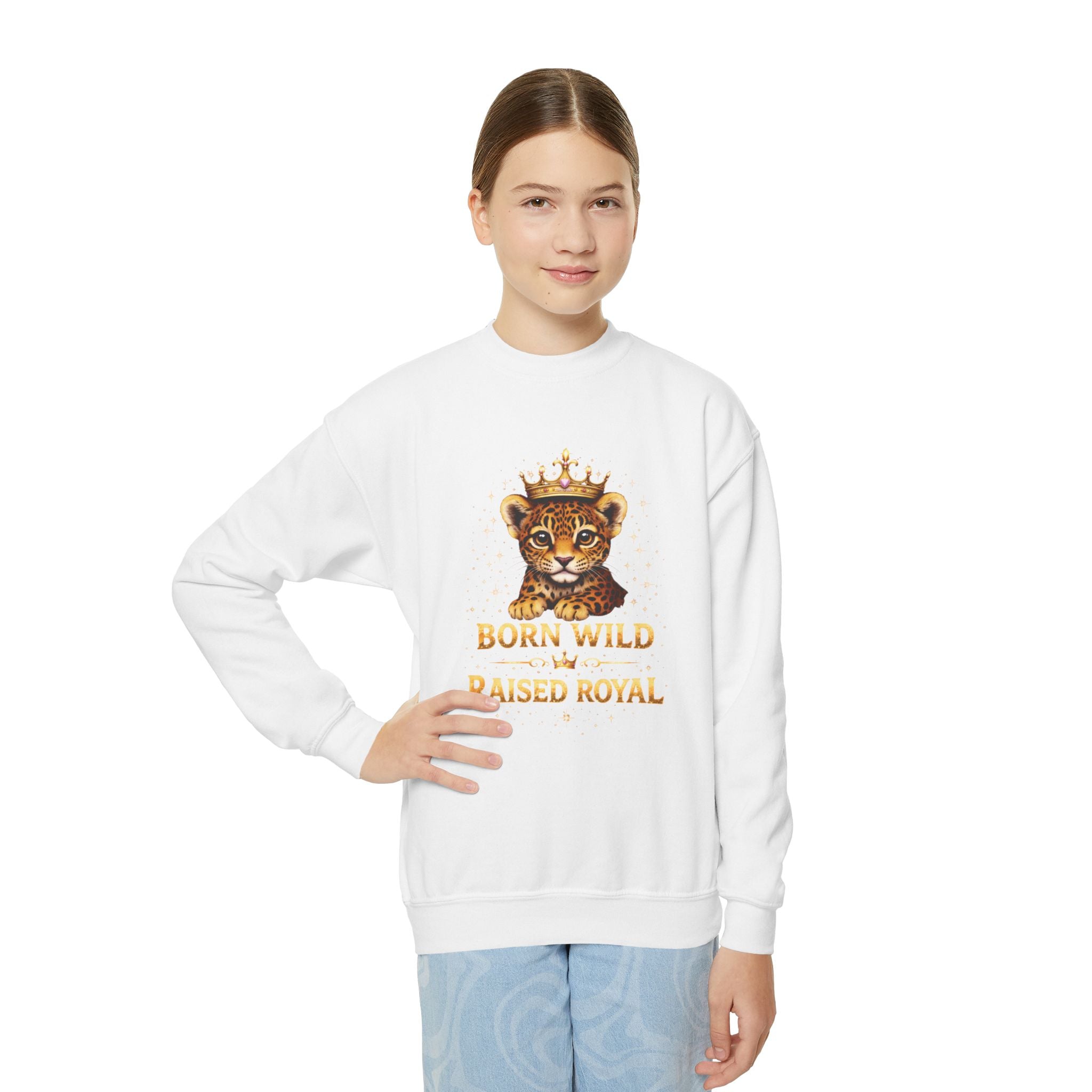 Youth Crewneck Sweatshirt — "Born Wild Raised Royal" Jaguar Cub Graphic