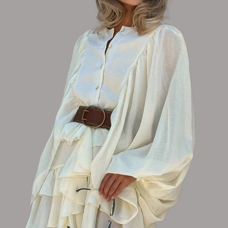 Simple Casual Style Solid Color Layered Ruffle Lantern Sleeve Dress for Women