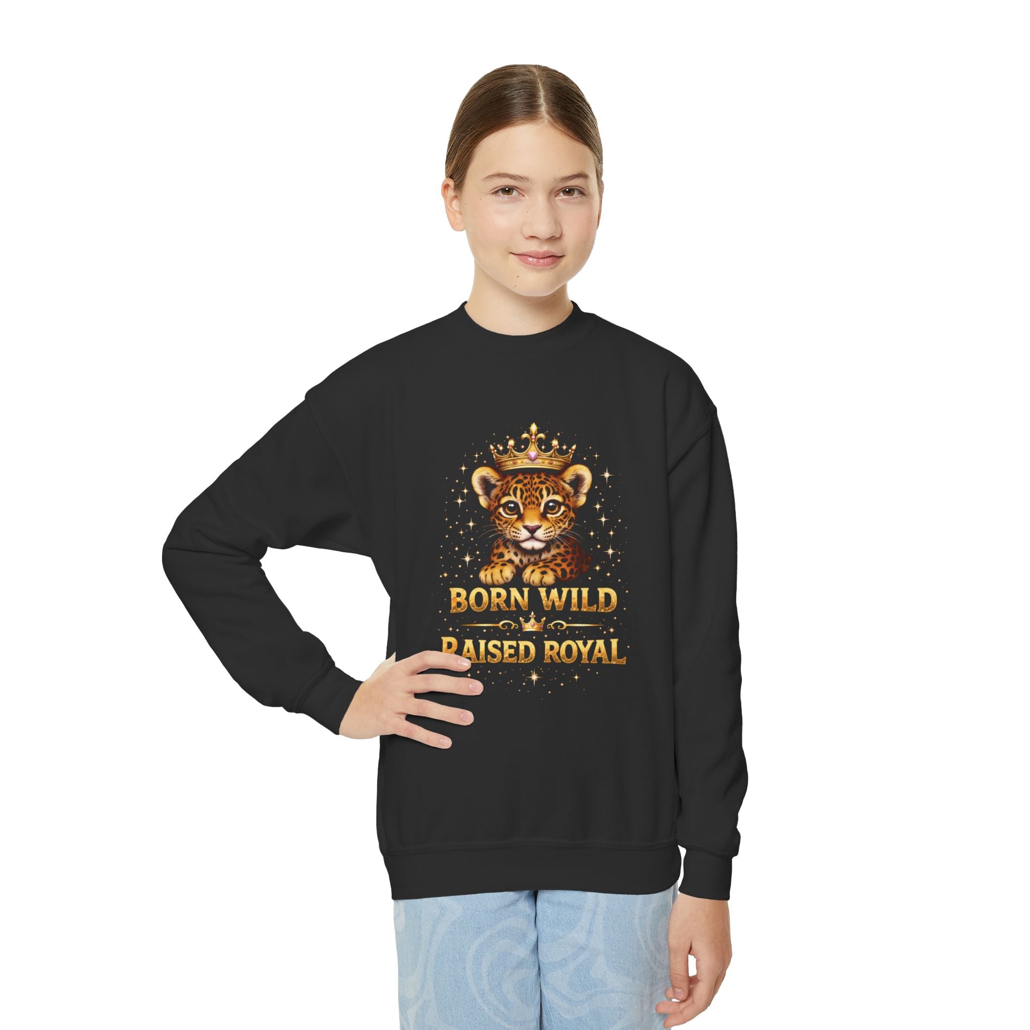 Youth Crewneck Sweatshirt — "Born Wild Raised Royal" Jaguar Cub Graphic