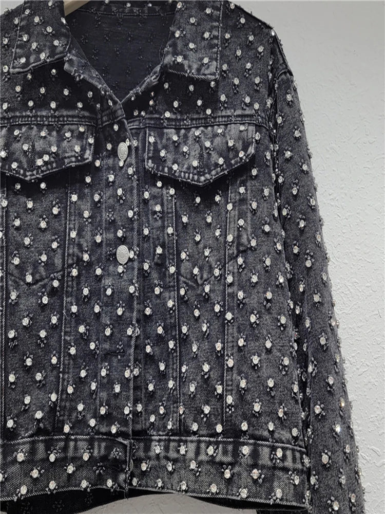 Women's Denim Coat Diamonds Black Washed Single Breasted Long Sleeve Distressed Jackets Autumn New Fashion
