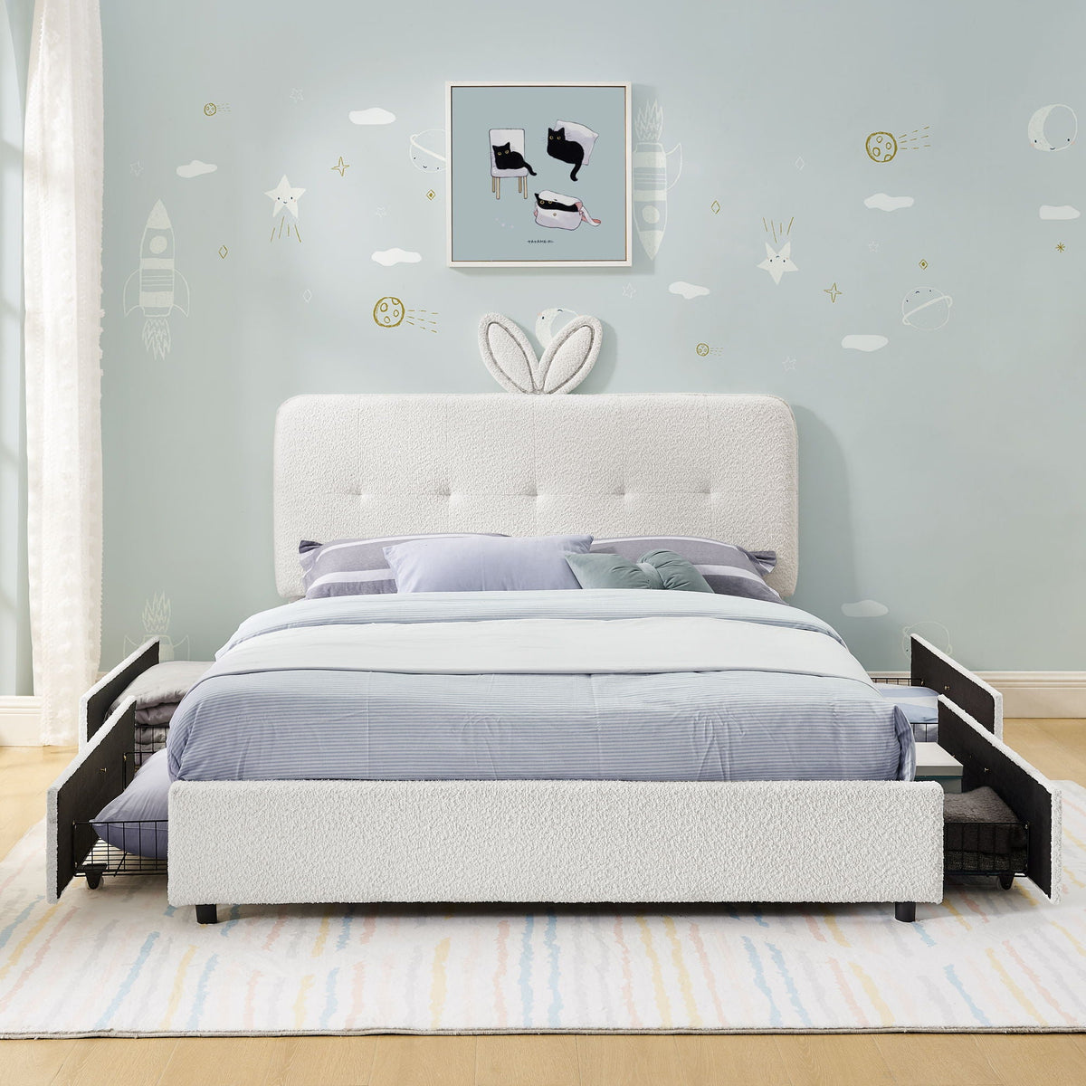 Upholstered Storage Bed with Oversized Rabbit Ear Headboard & LED Lights - Beige or Light Blue