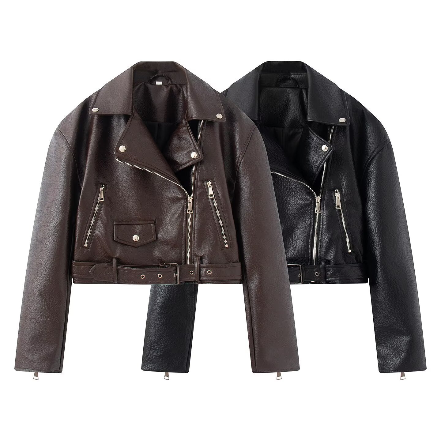 Long sleeved lapel faux leather motorcycle jacket