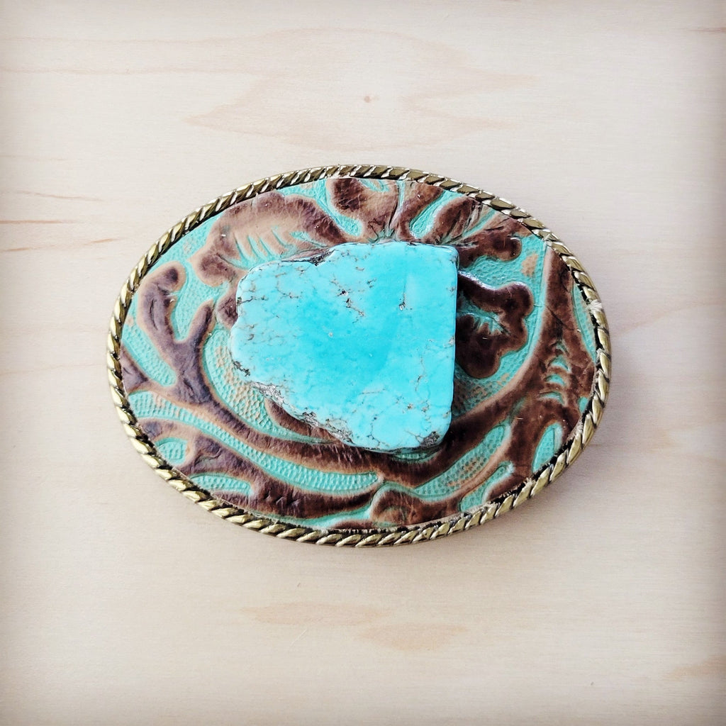 Rope Edge Cowboy Turquoise Leather Belt Buckle w/ Blue Turquoise 908b