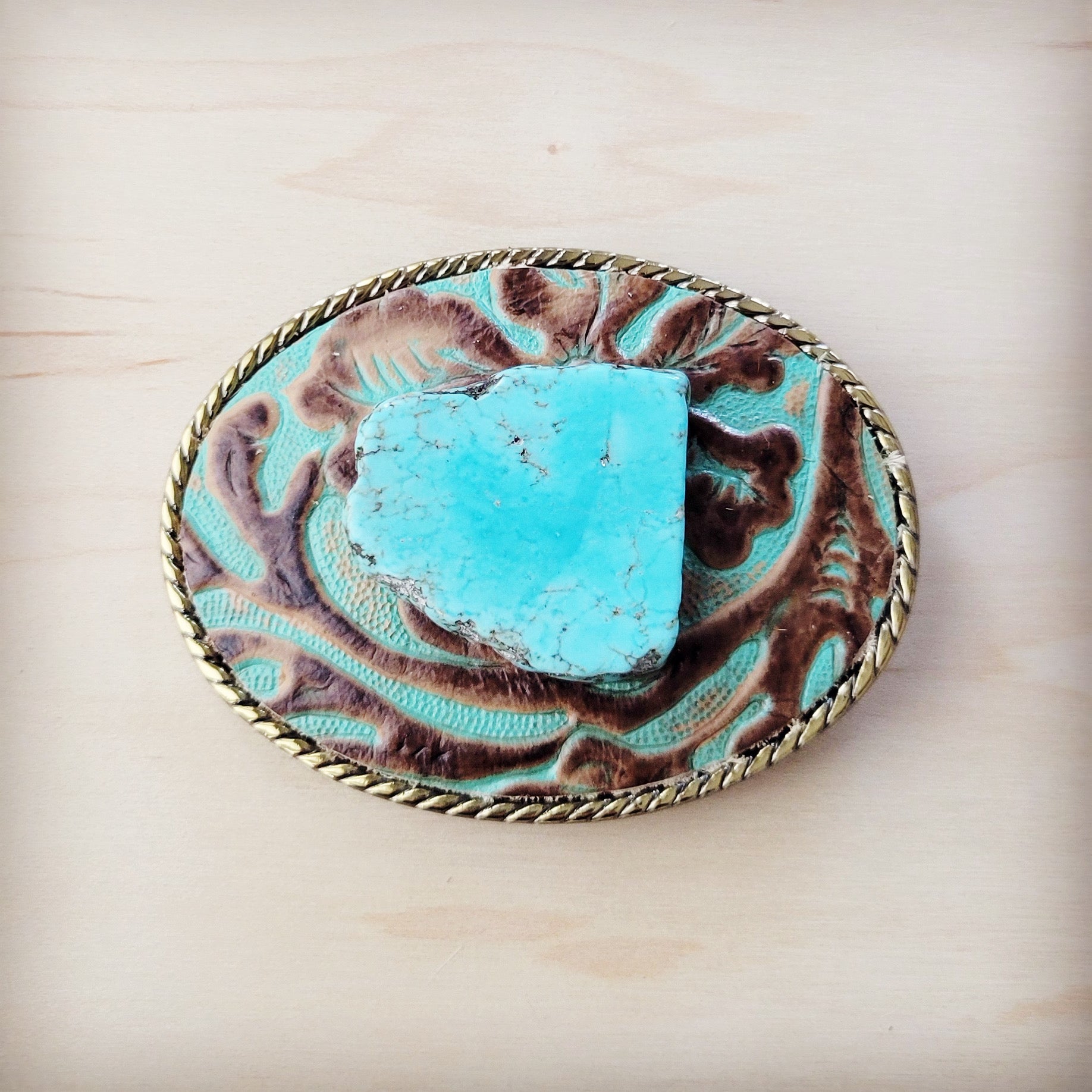 Rope Edge Cowboy Turquoise Leather Belt Buckle w/ Blue Turquoise 908b